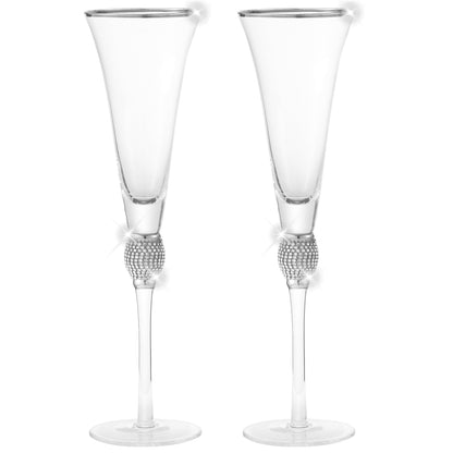 Berkware Set of 2 Trumpet Champagne Glasses - Luxurious Crystal Trumpet Champagne Flutes - Elegant Gold tone Rim & Rhinestone Embellishments - 9oz, 11" tall flutes - Champagne glasses for toasting