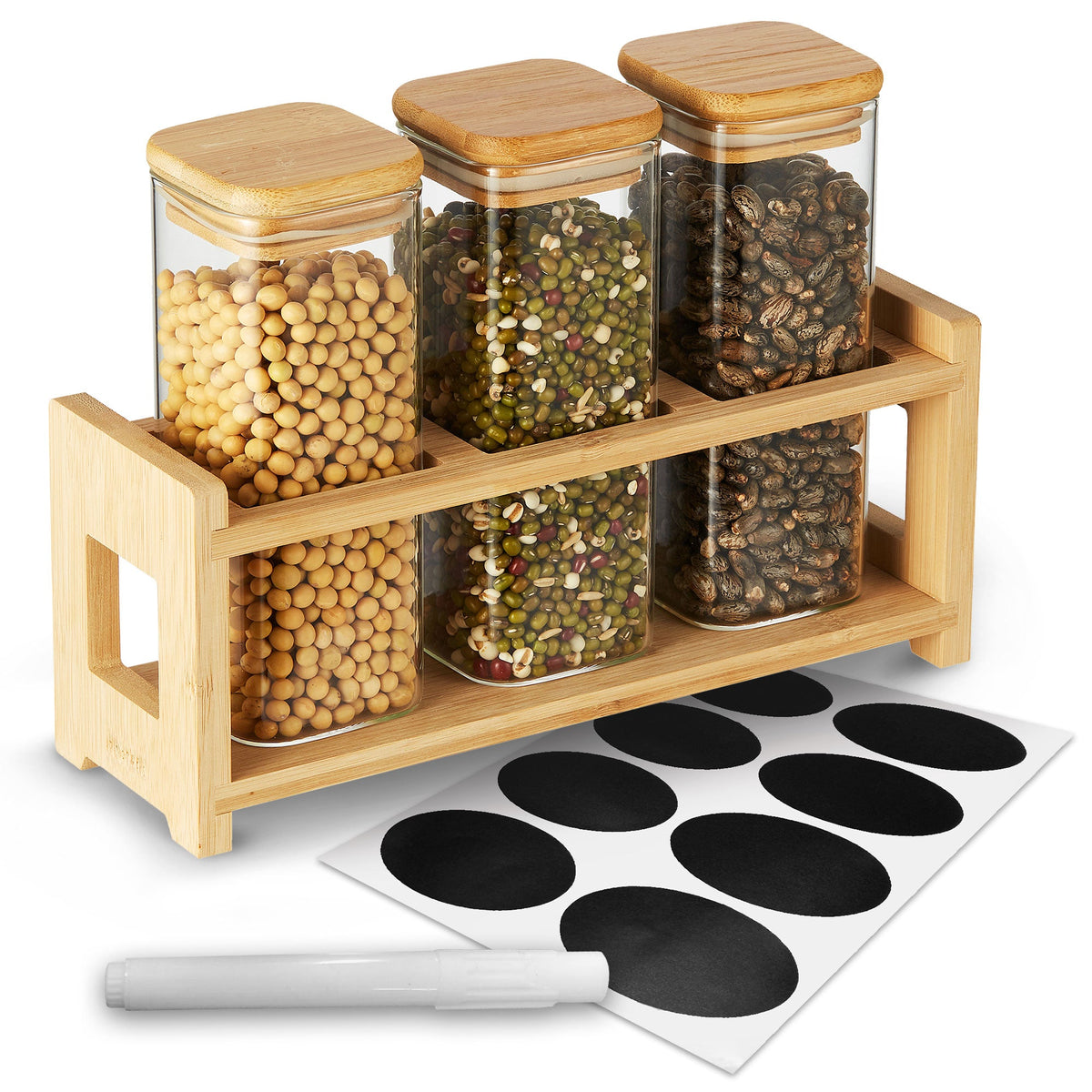 Berkware Glass Mini Storage Jars with Bamboo Lids and Display Stand - For Coffee, Sugar, Candy etc.