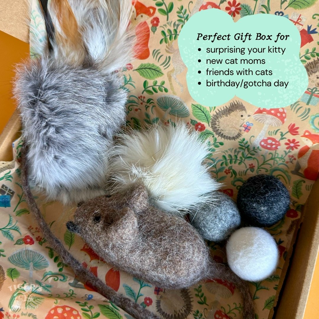 Natural Cat Toy Box - Rabbit Kicker Toy, Rabbit Pom Pom, Wool Balls, Wool Mouse Toy