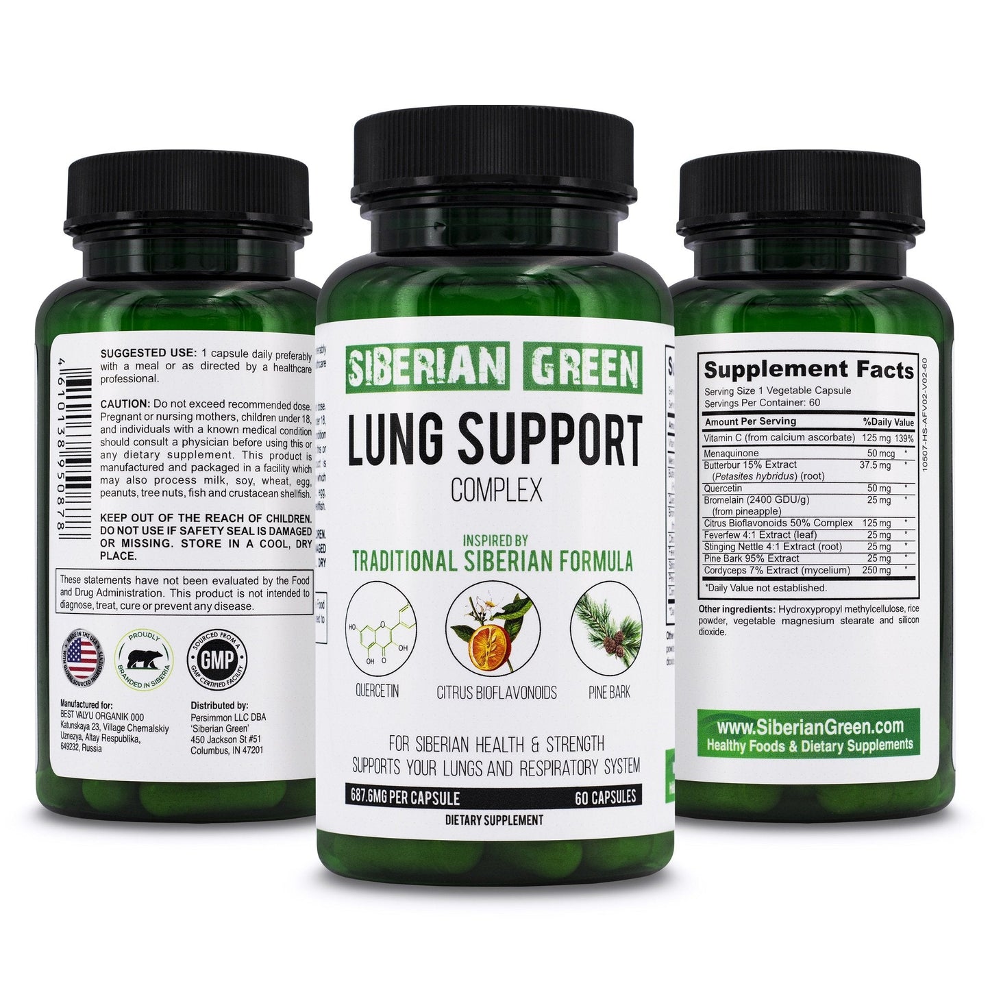 Herbal Lung Support Siberian Green 60 Caps -  Pine Bark Quercetin Bioflavonoids