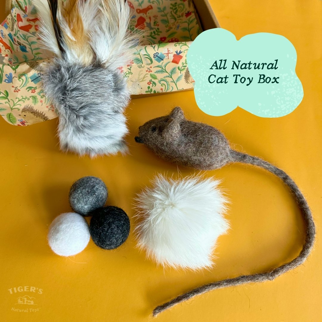 Natural Cat Toy Box - Rabbit Kicker Toy, Rabbit Pom Pom, Wool Balls, Wool Mouse Toy