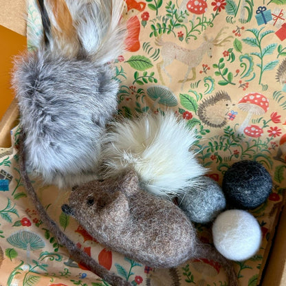 Natural Cat Toy Box - Rabbit Kicker Toy, Rabbit Pom Pom, Wool Balls, Wool Mouse Toy