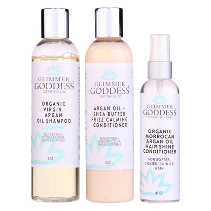 Organic Argan Oil Hair Treatment Trio, Hydrating Shampoo, Deep Conditioner, and Hair Shine Spray