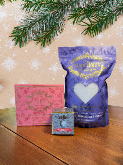 Mom Bomb Winter Wonderland Bundle with Our Merry and Bright Bath Bomb Gift Set, Sparkling Snow 3lb Bath Salts and Sparkling Snow 5oz Bath Bomb