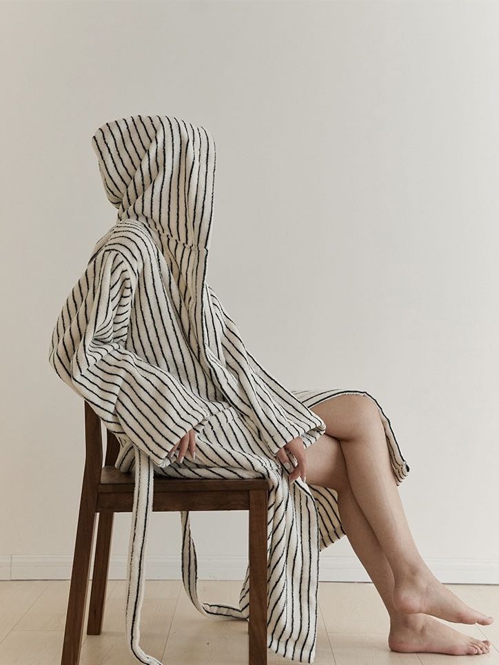 Retro 100% ORGANIC Long-stapled Cotton Hooded Stripe Bath Robe