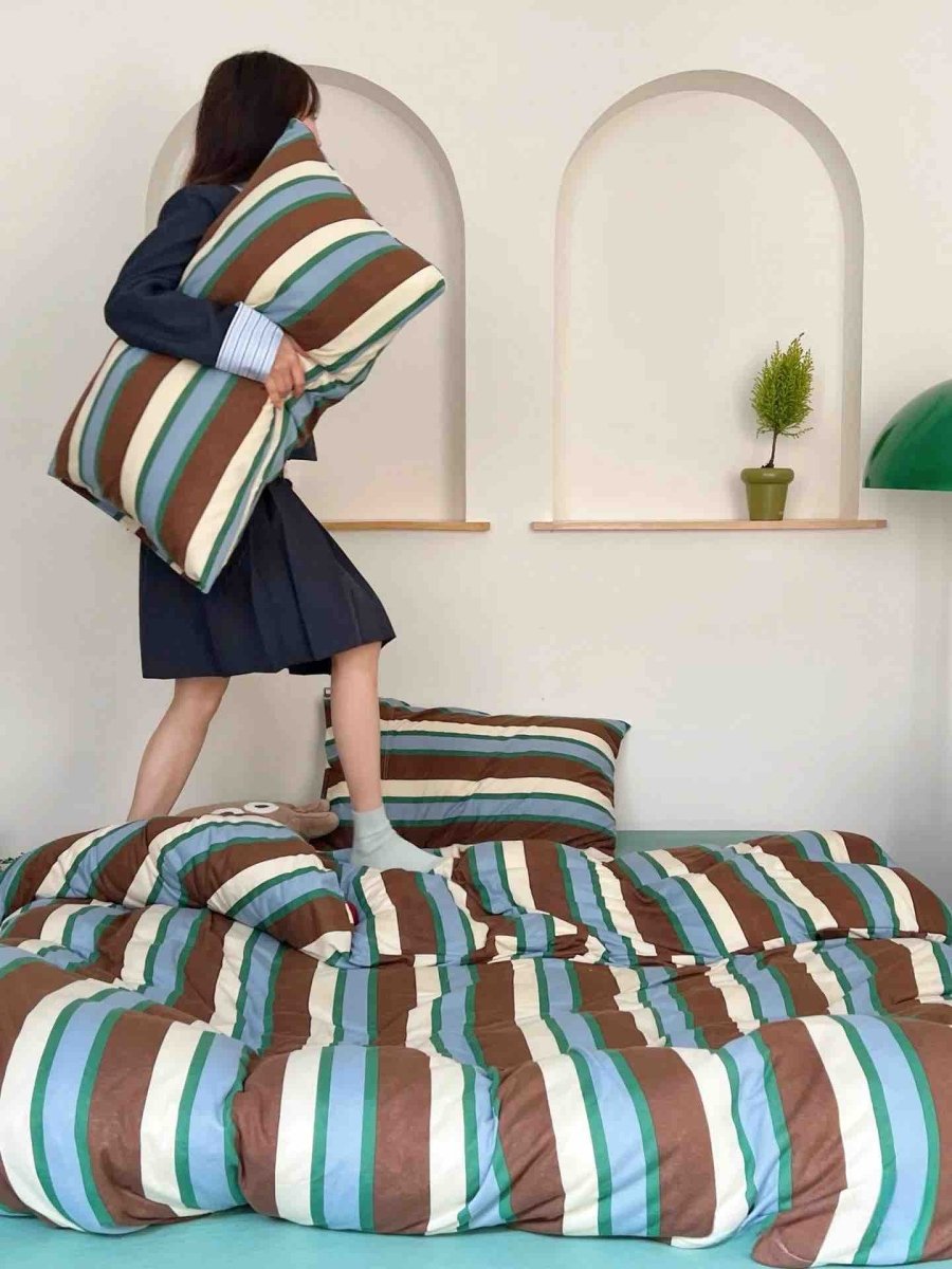 Retro Earthy Tone Stripe Duvet Cover Set with Pillowcases, 100% Cotton