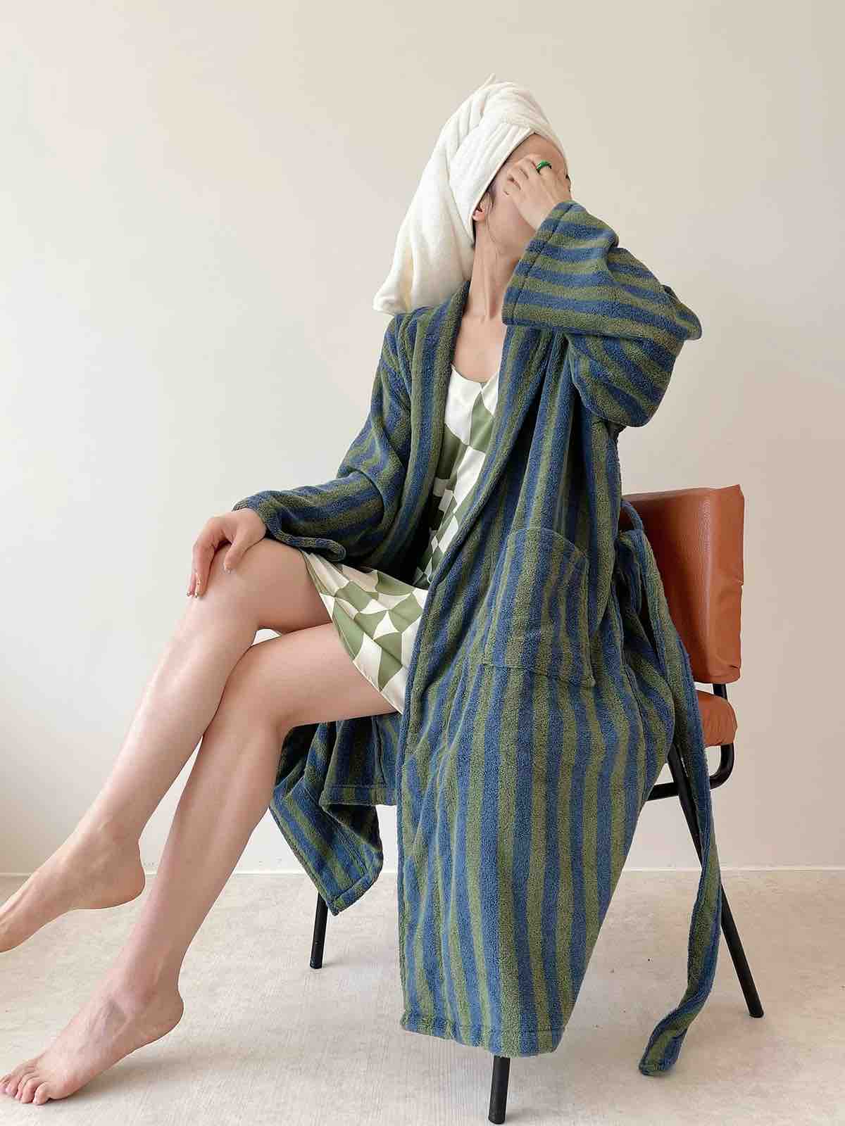 Ultra Soft Retro Stripe Bath Robe - 100% Organic Long-stapled Cotton