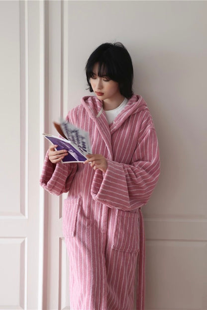 Retro Hooded Stripe Bath Robe, 100% ORGANIC Long-stapled Cotton