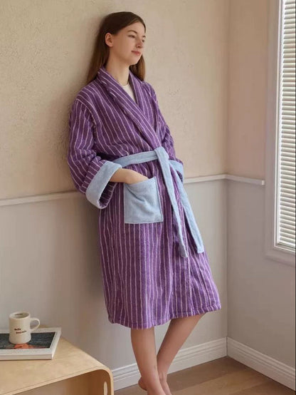 Ultra Soft Dopamine Stripe Bathrobe - 100% Organic Long-stapled Cotton