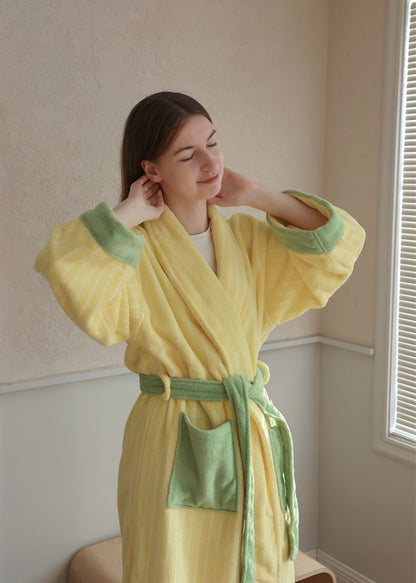 Ultra Soft Dopamine Stripe Bathrobe - 100% Organic Long-stapled Cotton