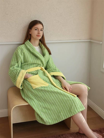 Ultra Soft Dopamine Stripe Bathrobe - 100% Organic Long-stapled Cotton