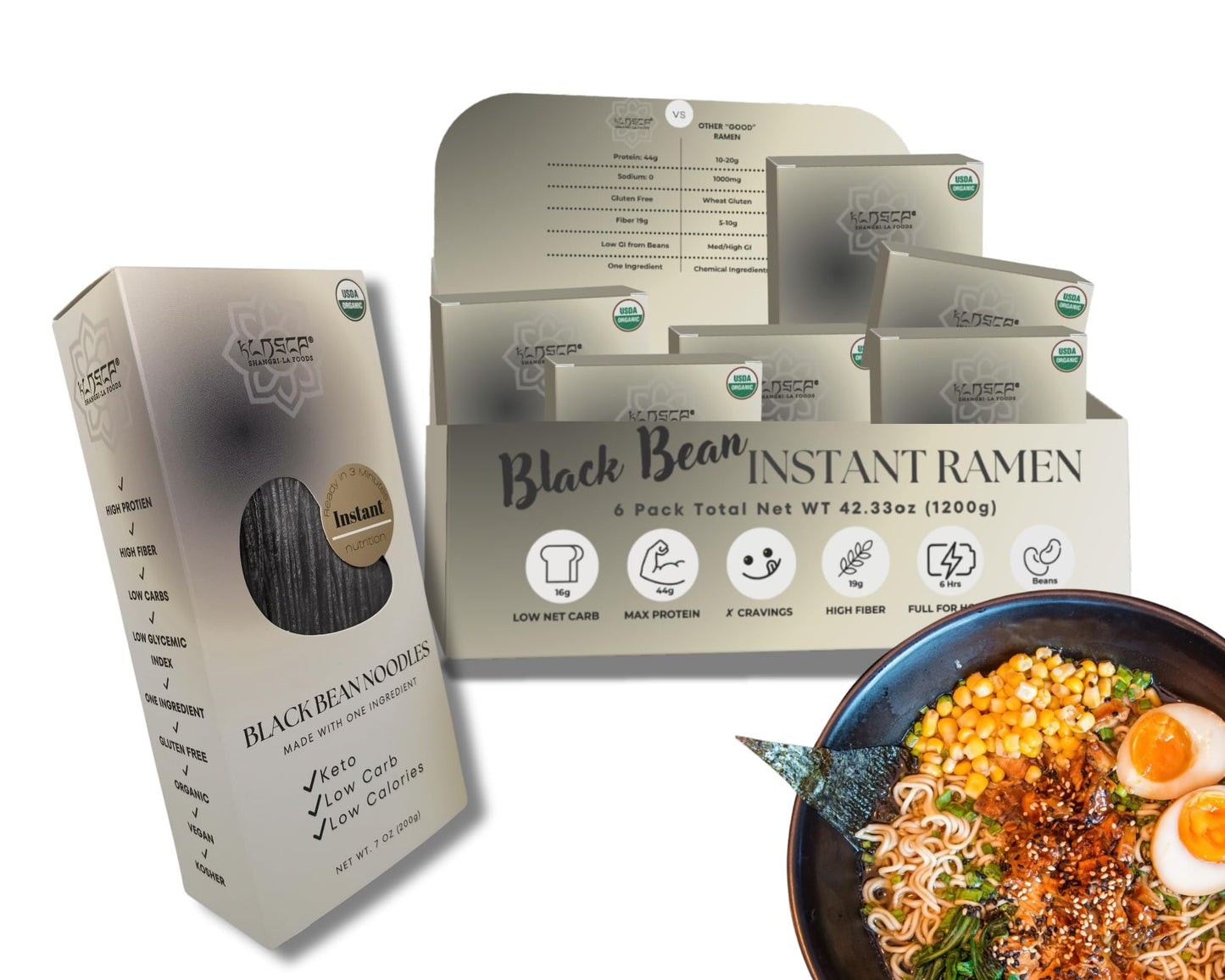 KLDSCP - Organic Black Bean Ramen Noodles- High Protein, Keto Friendly, Gluten-Free, Vegan, Non-GMO, Kosher, Low Carb, Plant-Based Bean Noodles - 6 Boxes (1200g)